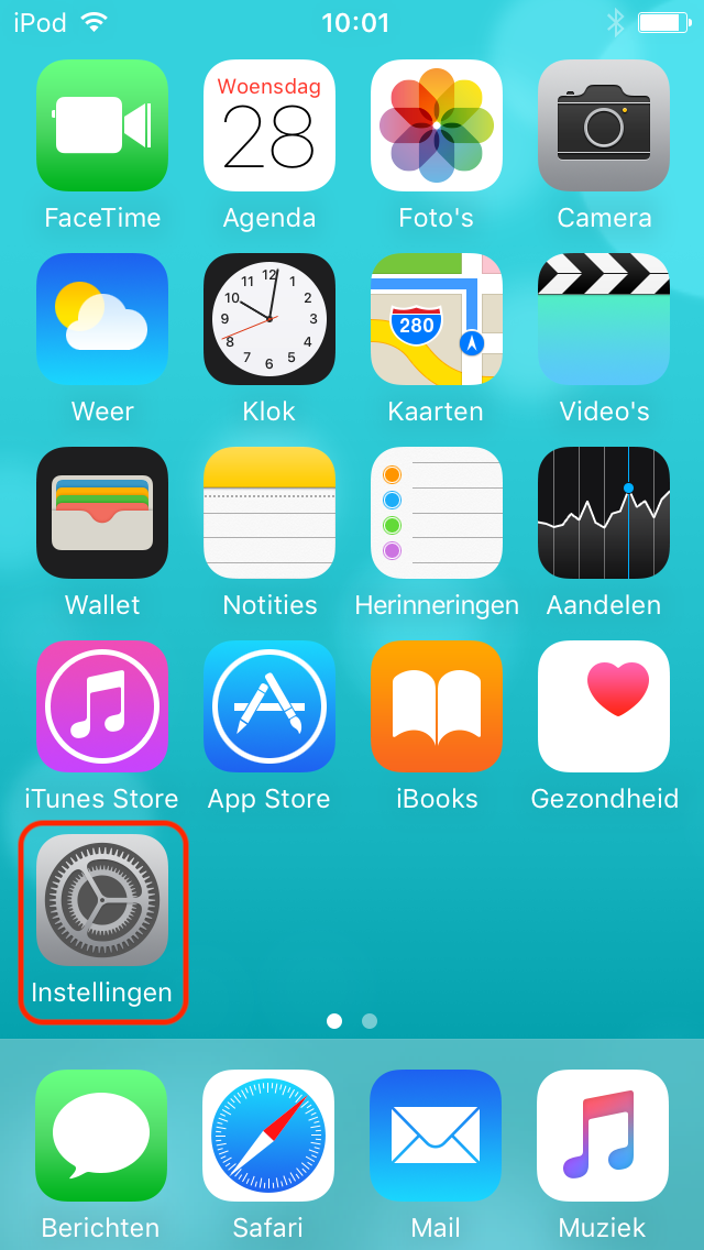 Beginscherm van een oudere iOS-versie met de app Instellingen gemarkeerd.