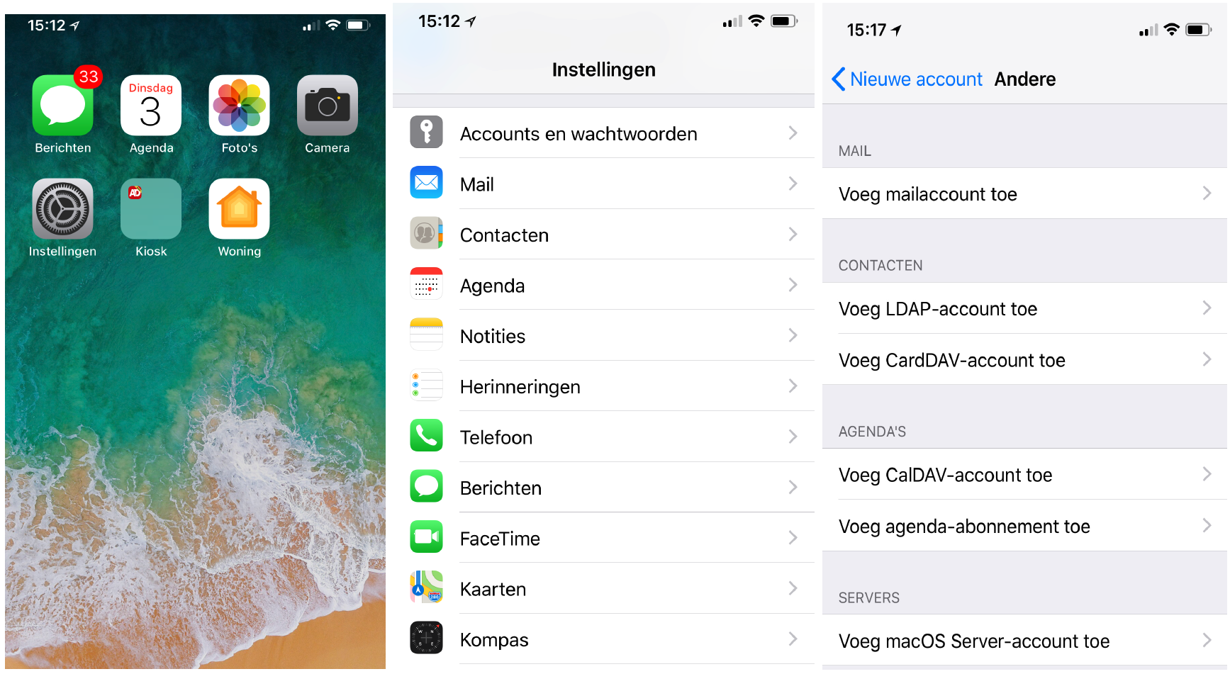 Voorbeeldschermen van iPhone-instellingen: Accounts en wachtwoorden en Voeg mailaccount toe.
