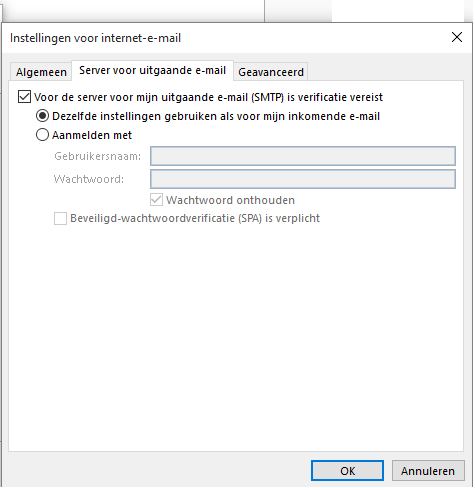Verificatie instellen voor uitgaande mailserver