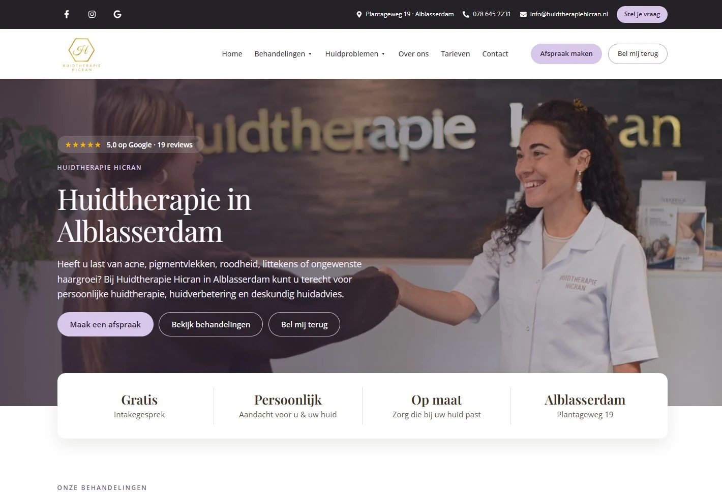 Screenshot van de website van Huidtherapie Hicran