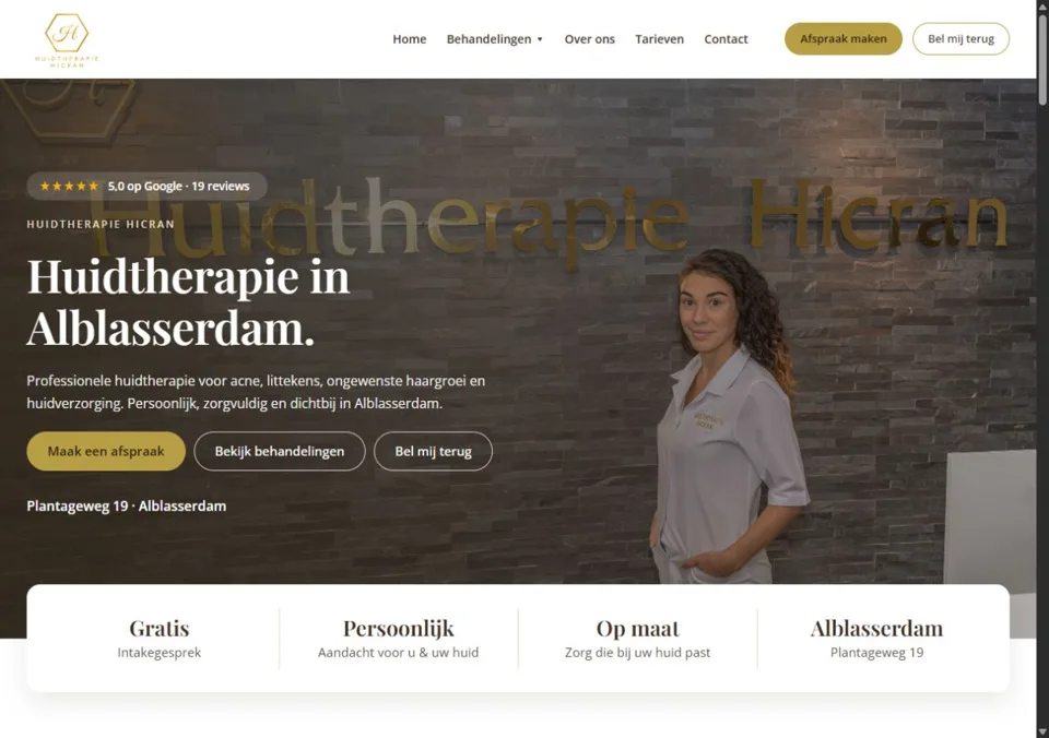 Screenshot van de website van Huidtherapie Hicran