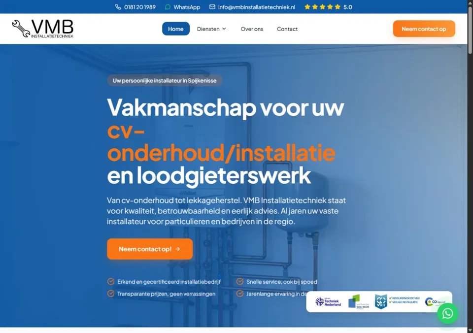 Screenshot van de website van VMB Installatietechniek