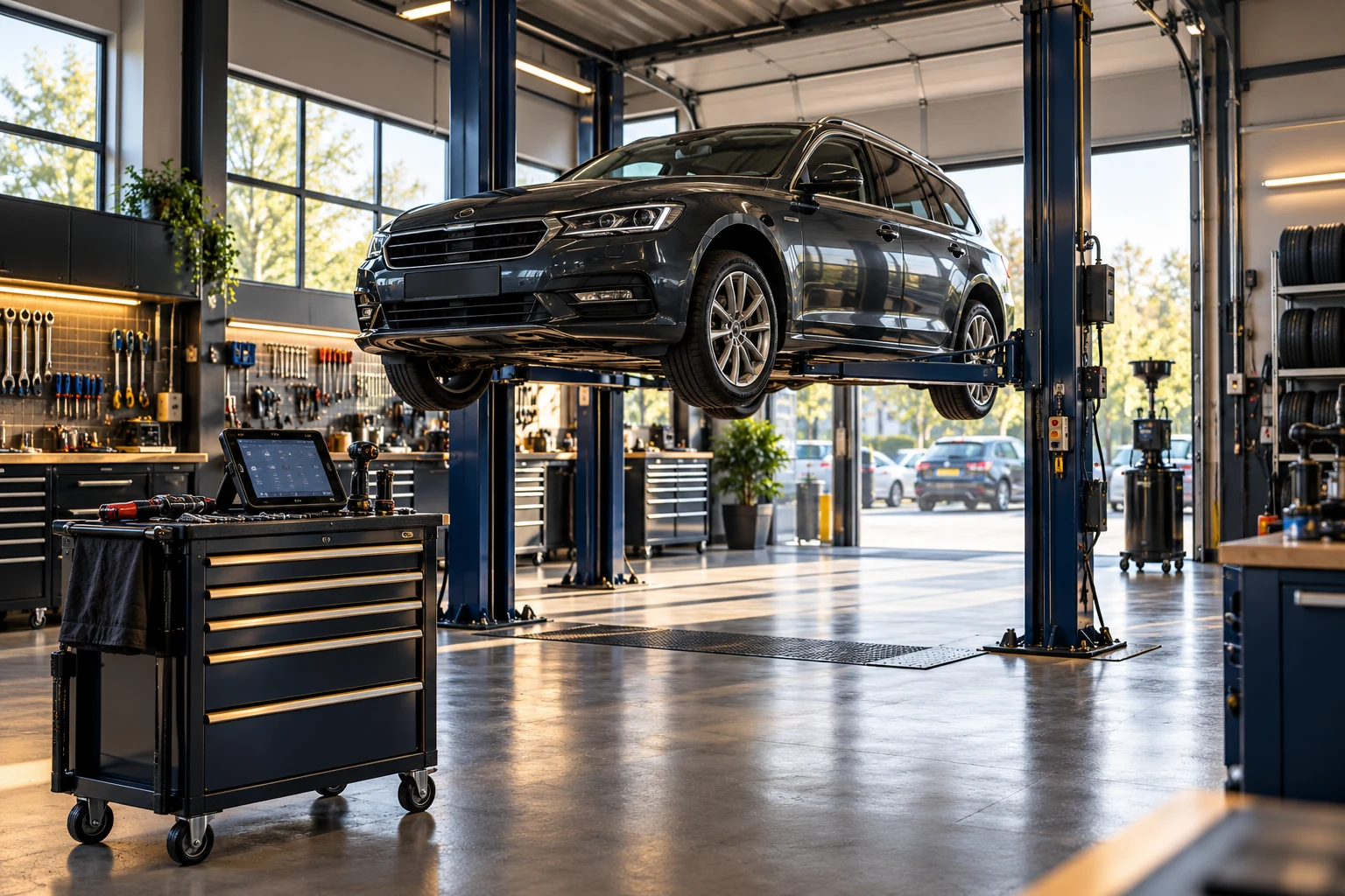 Auto op een hefbrug in een moderne garagewerkplaats.