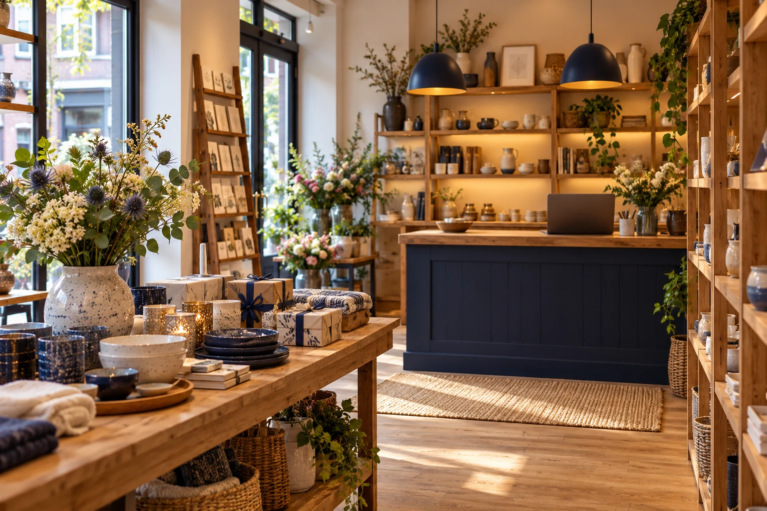 Uitnodigende cadeau- en woonwinkel met producten, bloemen en een toonbank.