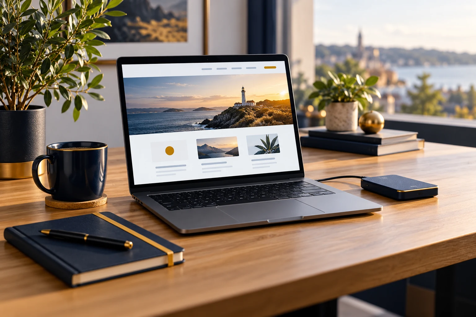Laptop met een website op een verzorgde werkplek, naast een back-upschijf en een notitieboek.