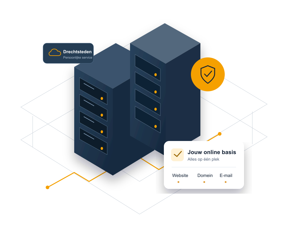 Illustratie van hostingservers met website, domeinnaam, e-mail en persoonlijke service uit de Drechtsteden