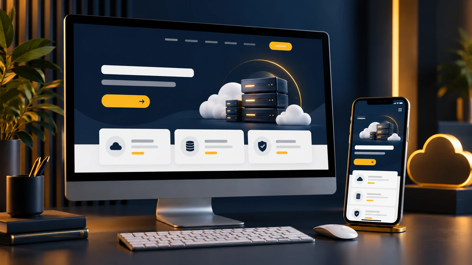 Conceptillustratie van een website op desktop en mobiel in donkerblauw en goudgeel