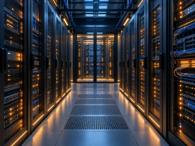 Illustratief datacenter met moderne serverkasten en warm licht